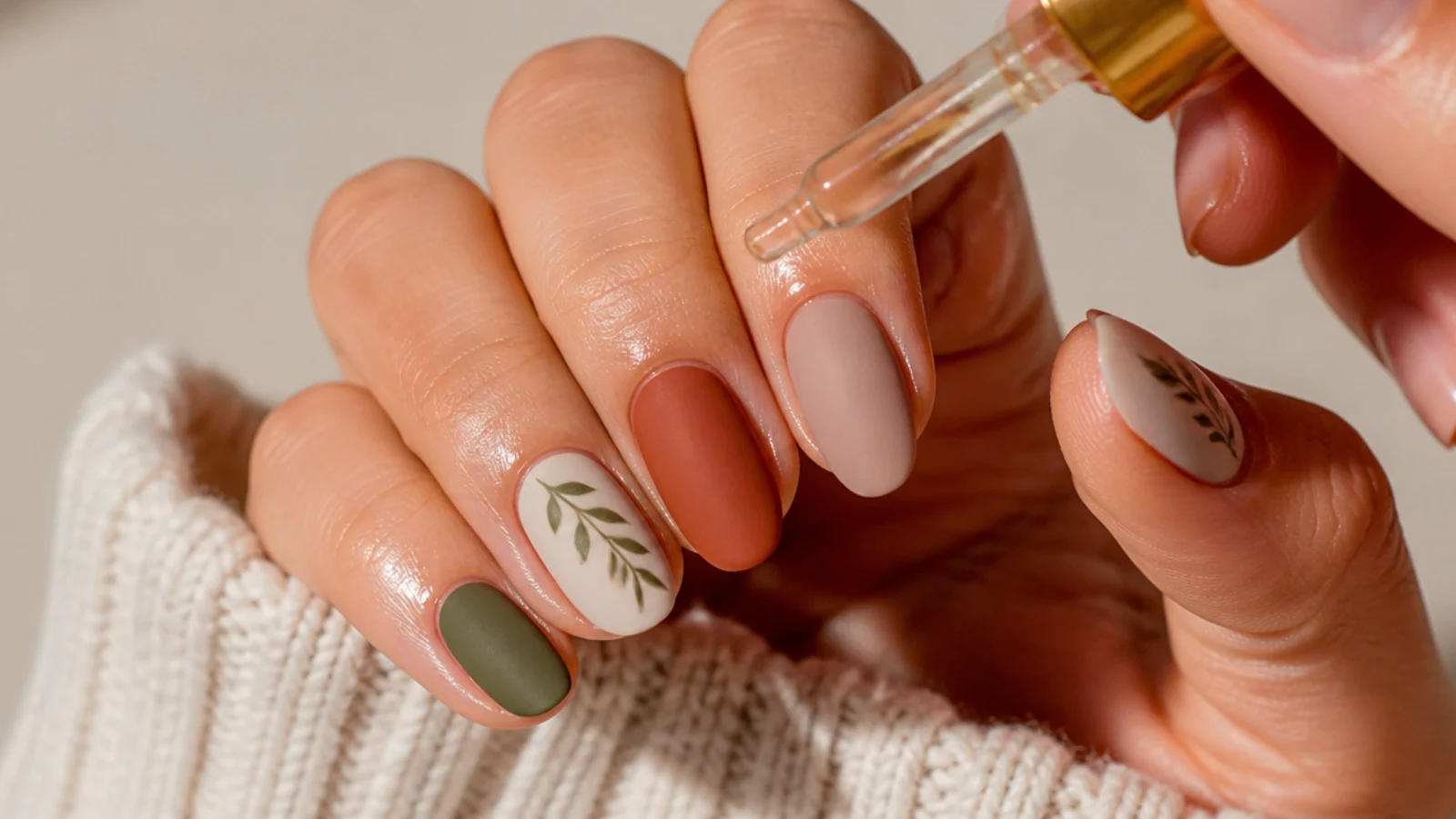 Cuticle oil being massaged around finished matte boho nails