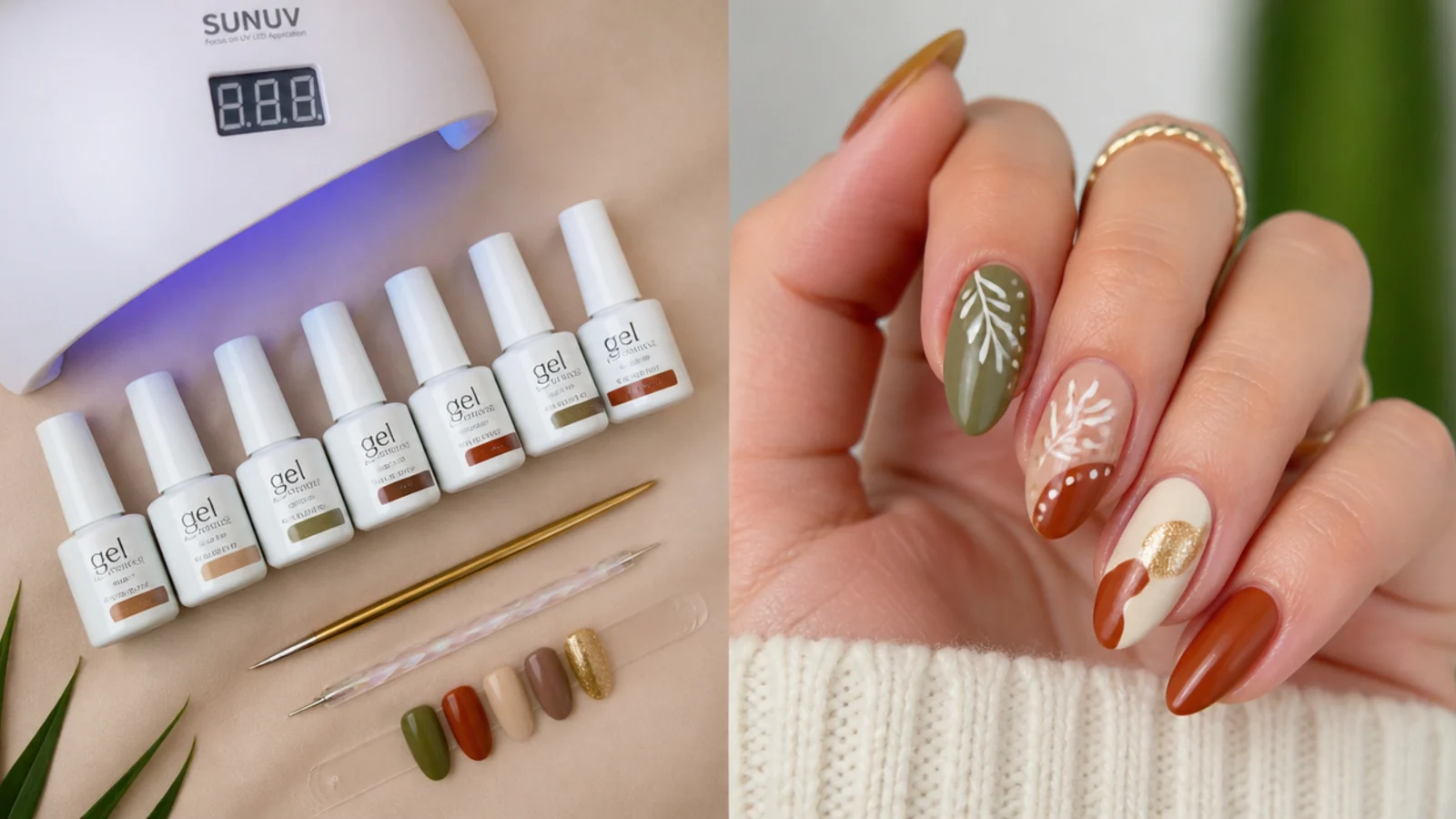 Boho nail supplies laid out - earth-tone gel colors, gold striper, dotting tool and lamp