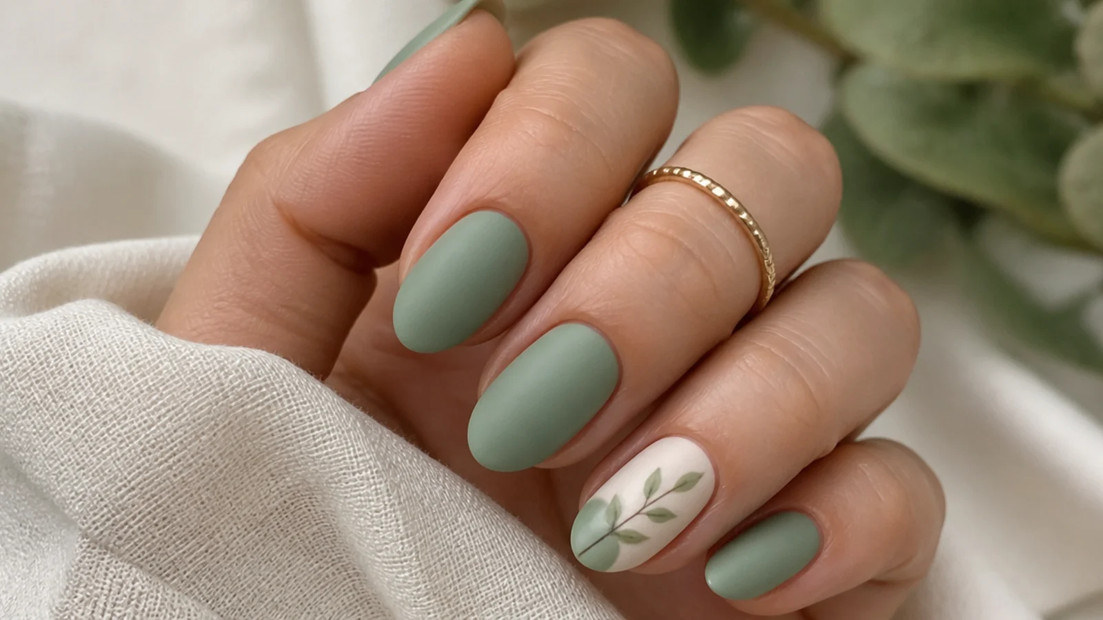 Muted sage green matte boho nails on short almond shape