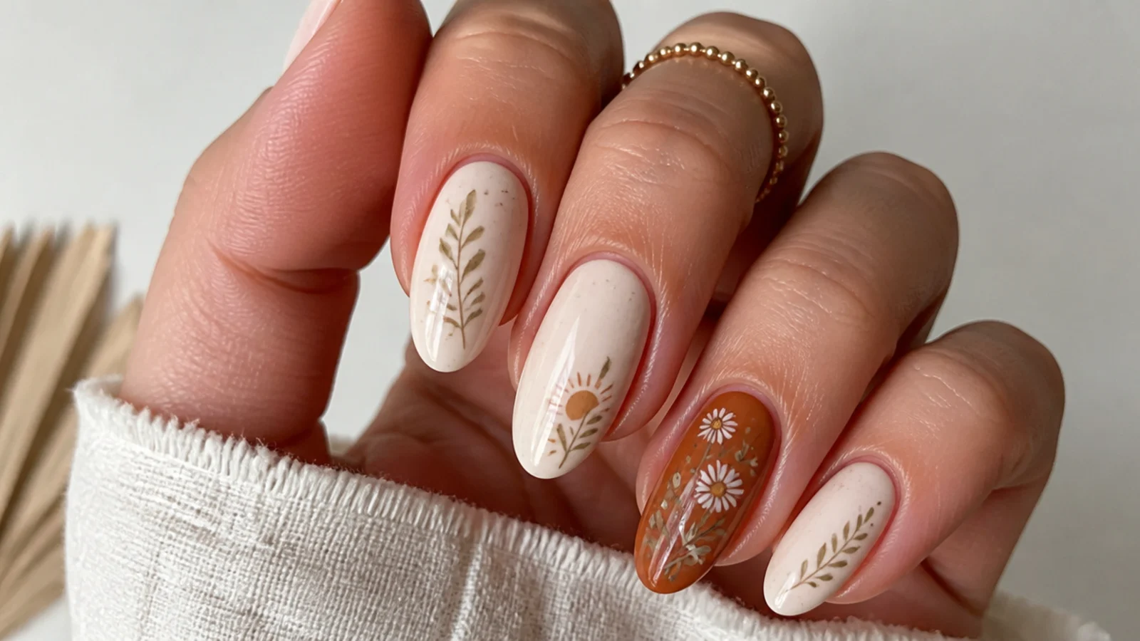 Cream boho nails with one rust wildflower accent nail on almond shape