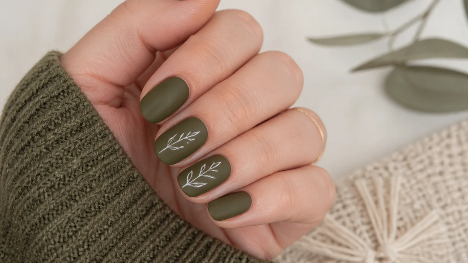 Solid olive green matte boho nails on short oval shape