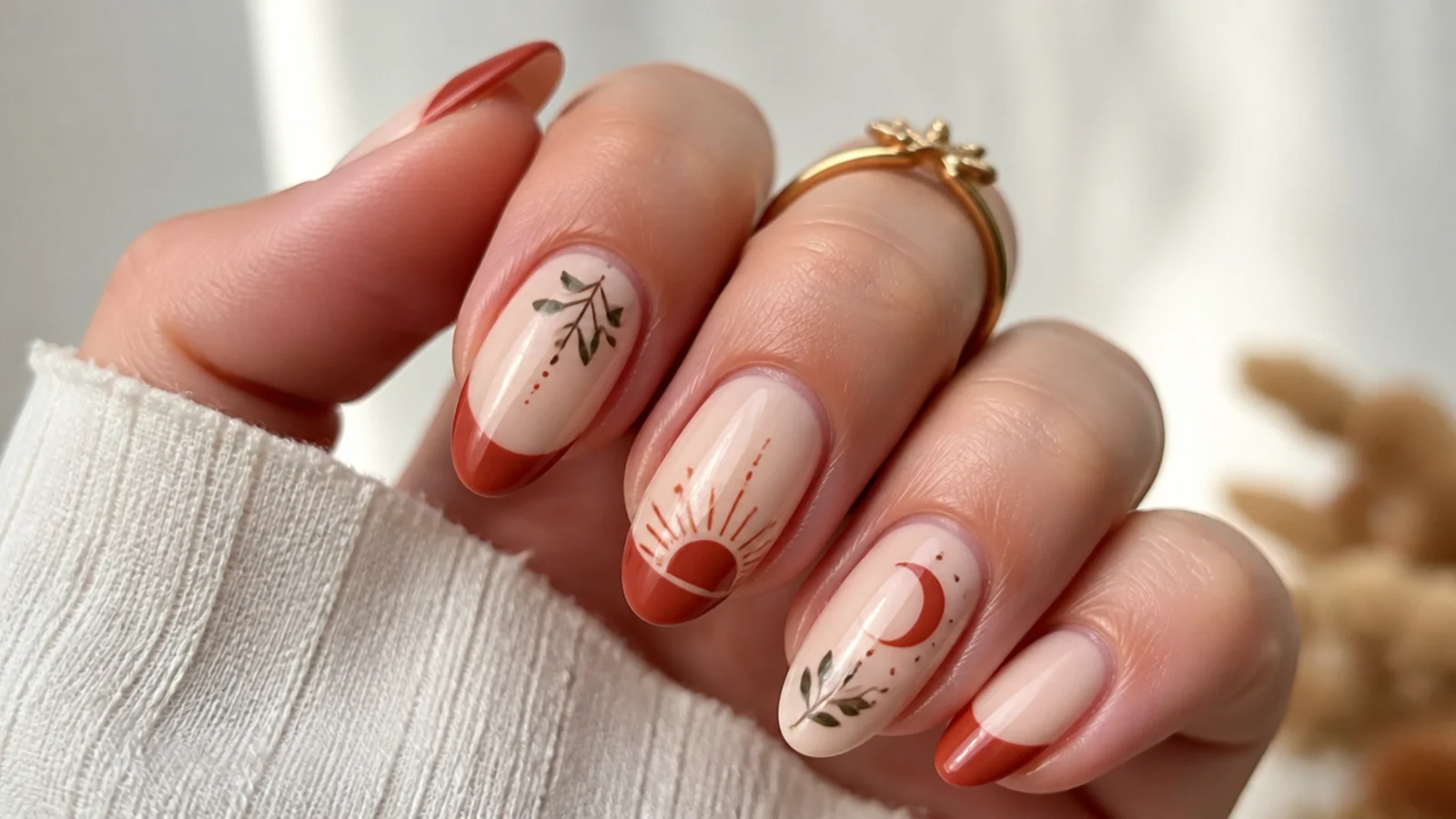 Cream boho nails with terracotta French tips on almond shape