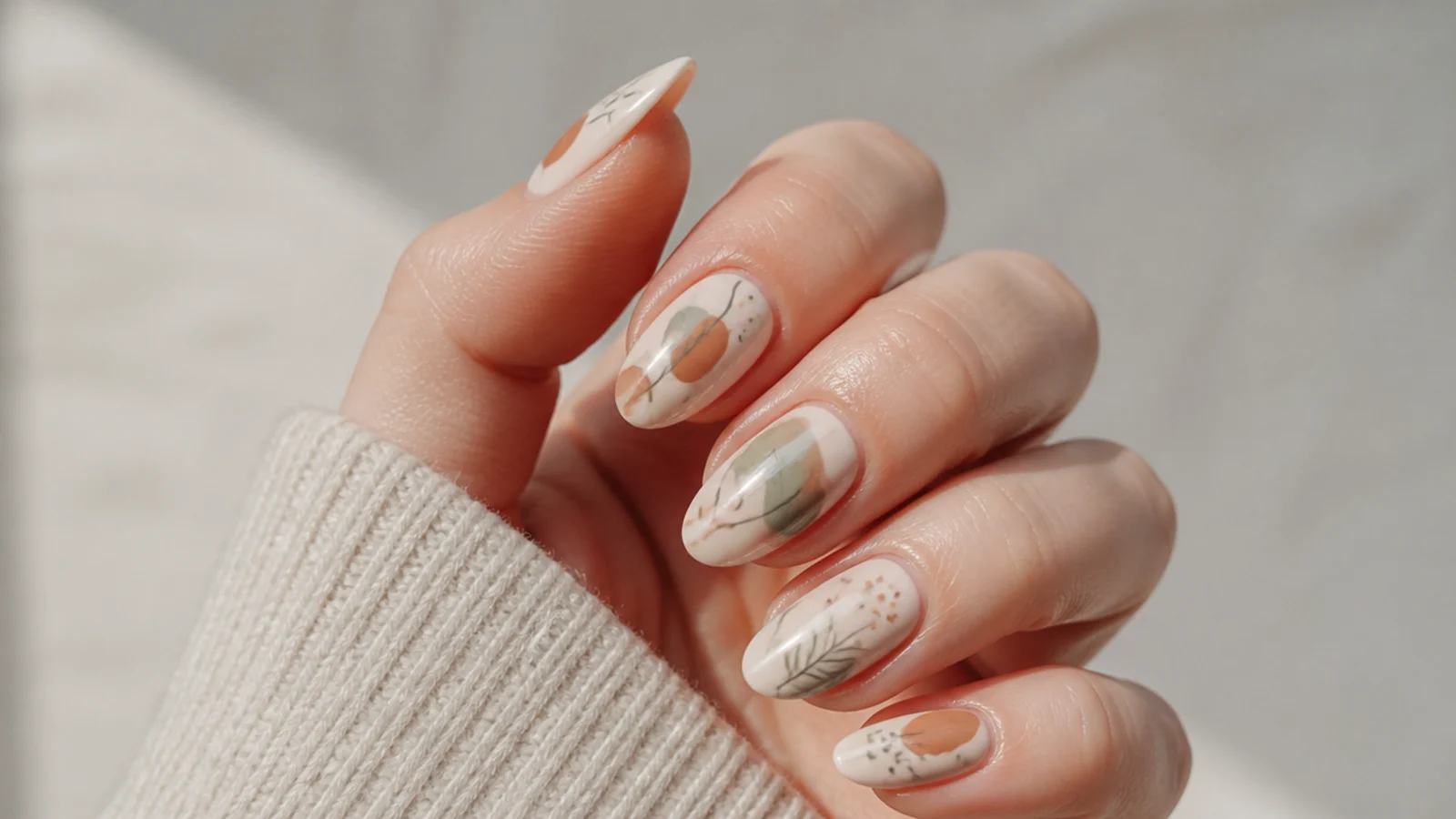 Cream boho nails with loose sage and terracotta abstract shapes