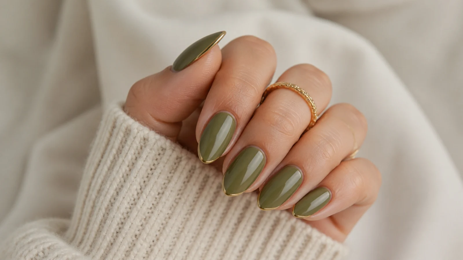 Olive green boho nails with thin muted gold tip lines on almond shape