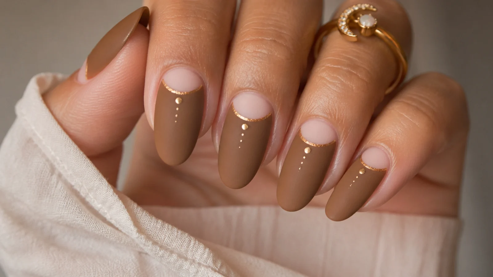 Tan boho nails with a negative-space crescent moon left at the cuticle