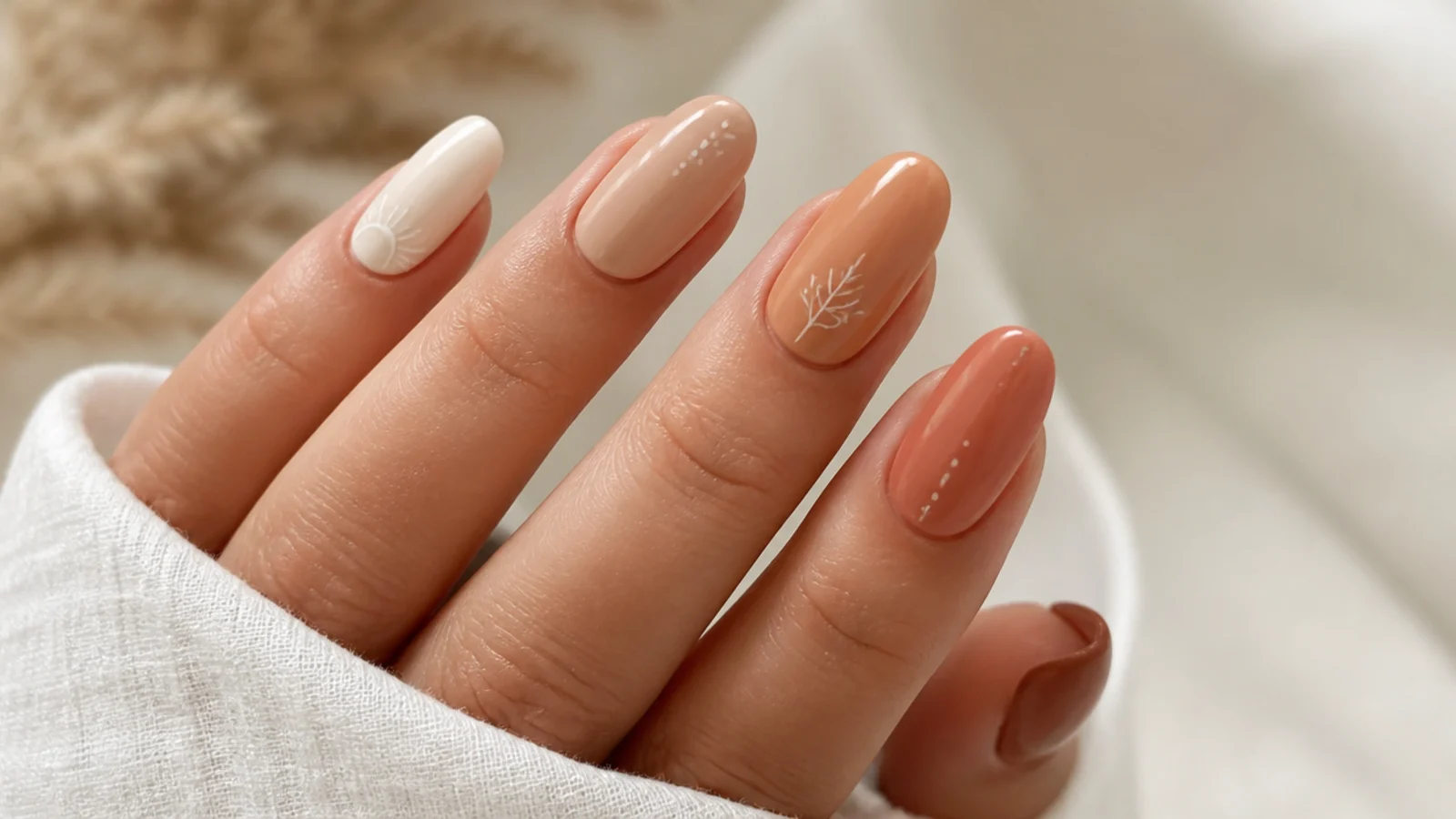 Boho nails fading from cream to tan to terracotta across the hand