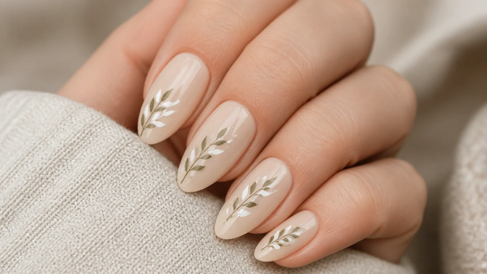Cream boho nails with a thin sage and white leaf sprig on almond shape