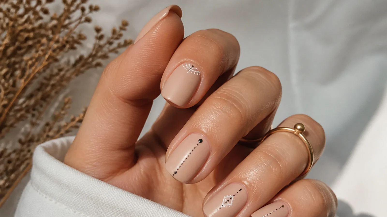 Bare nude matte boho nails on natural short almond shape