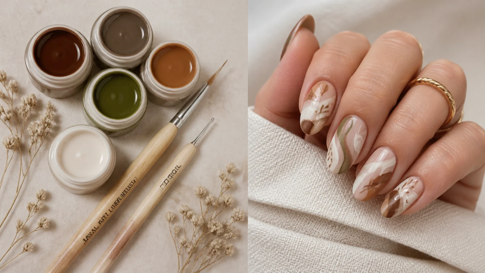 Home boho manicure supplies with earthy gels, a liner brush and dotting tool