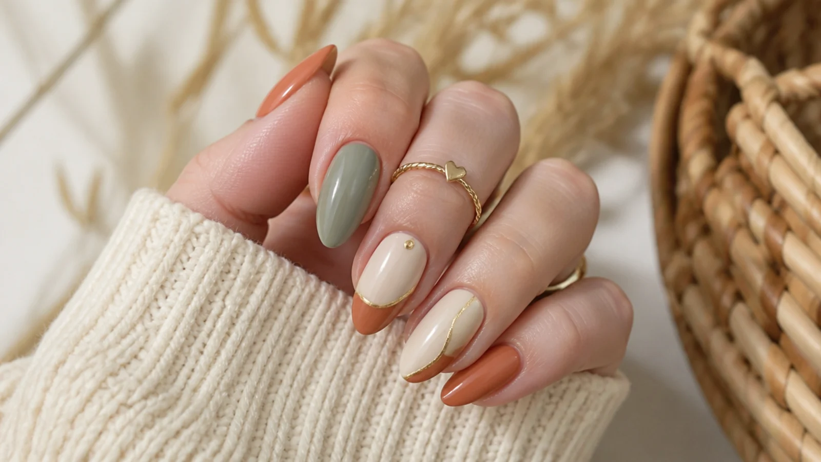 Simple boho nails in terracotta, sage and cream with a thin gold accent on almond shapes