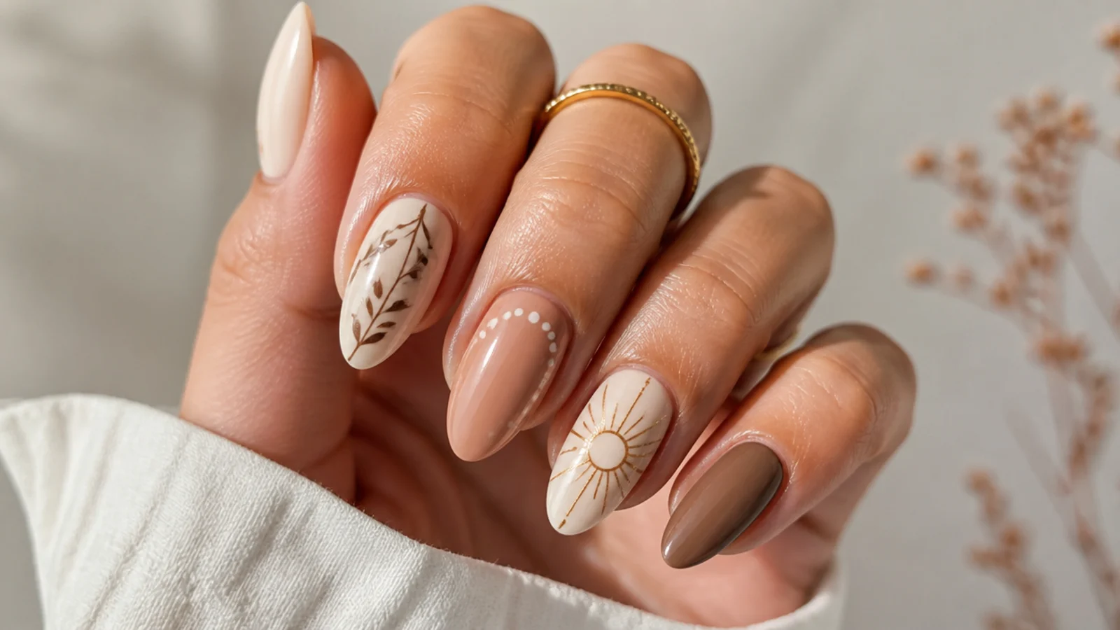 Neutral boho nails styled for both office wear and a festival look
