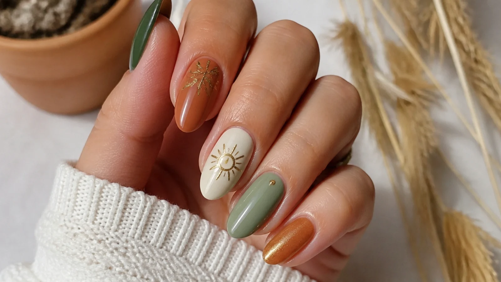 Swatches of terracotta, rust, olive, sage, cream, tan and muted gold boho tones