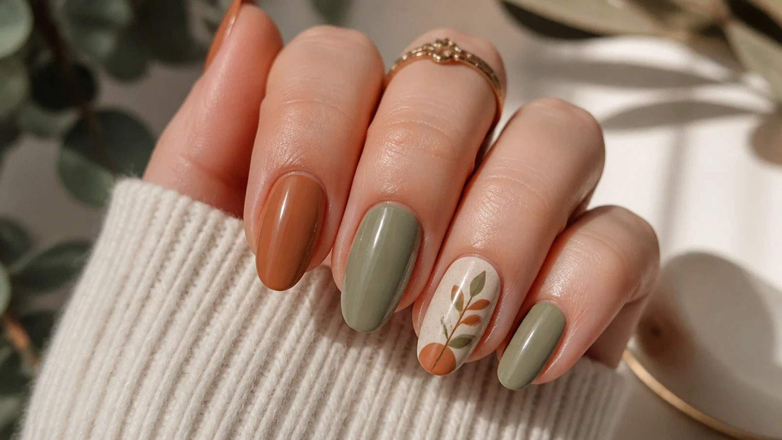 Earthy boho nails with terracotta, sage and a small hand-drawn motif