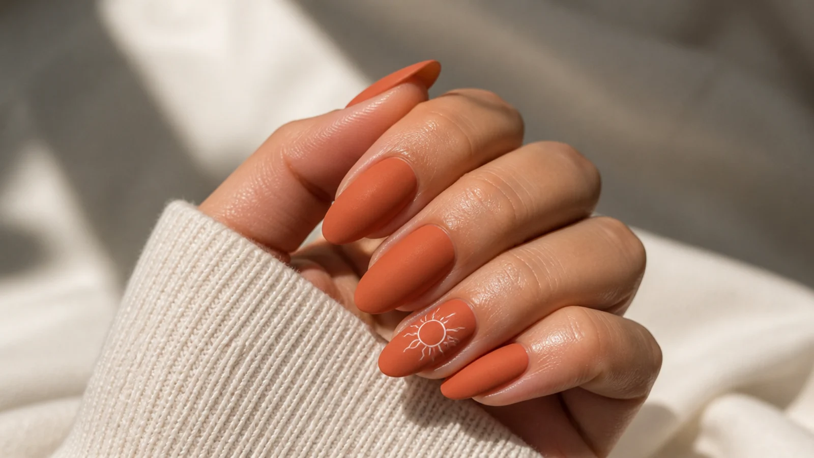Matte terracotta almond nails with a small hand-drawn sun outline on the accent nail
