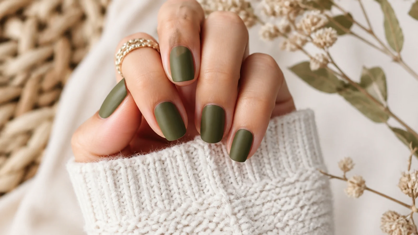 Solid matte olive green short boho nails