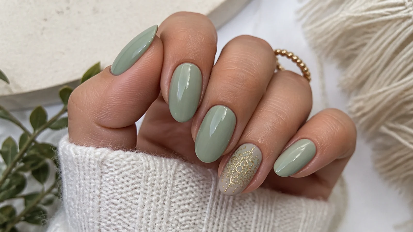 Soft sage green boho nails with a fine gold mandala on the accent nail