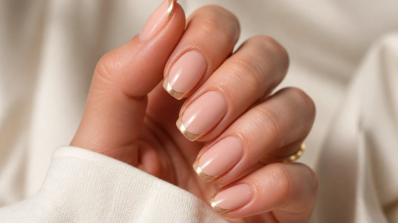 Nude boho nails with a soft muted gold French tip