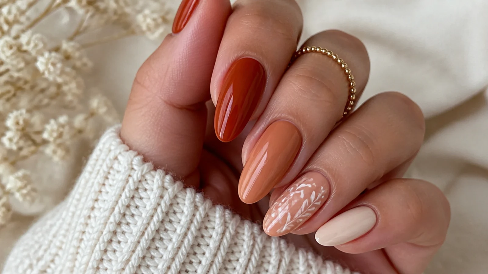 Warm ombre boho nails fading from rust to peach and cream