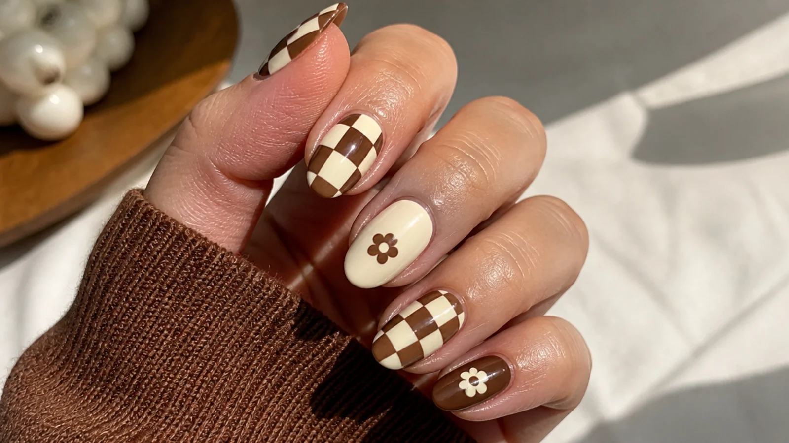 Cream and brown retro checkerboard boho nails