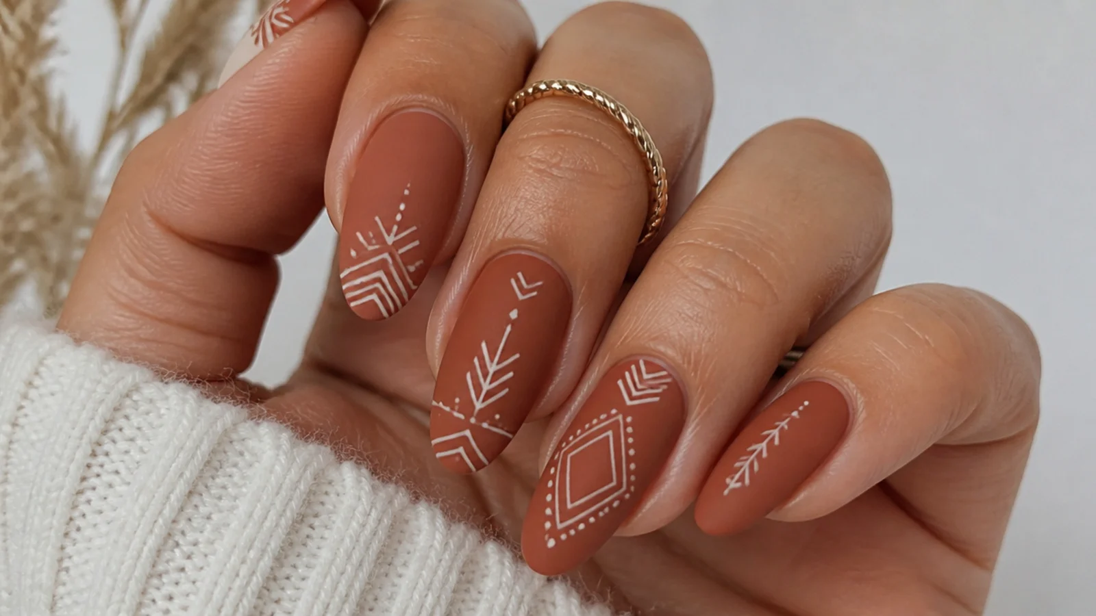 Terracotta boho nails with fine cream aztec line patterns