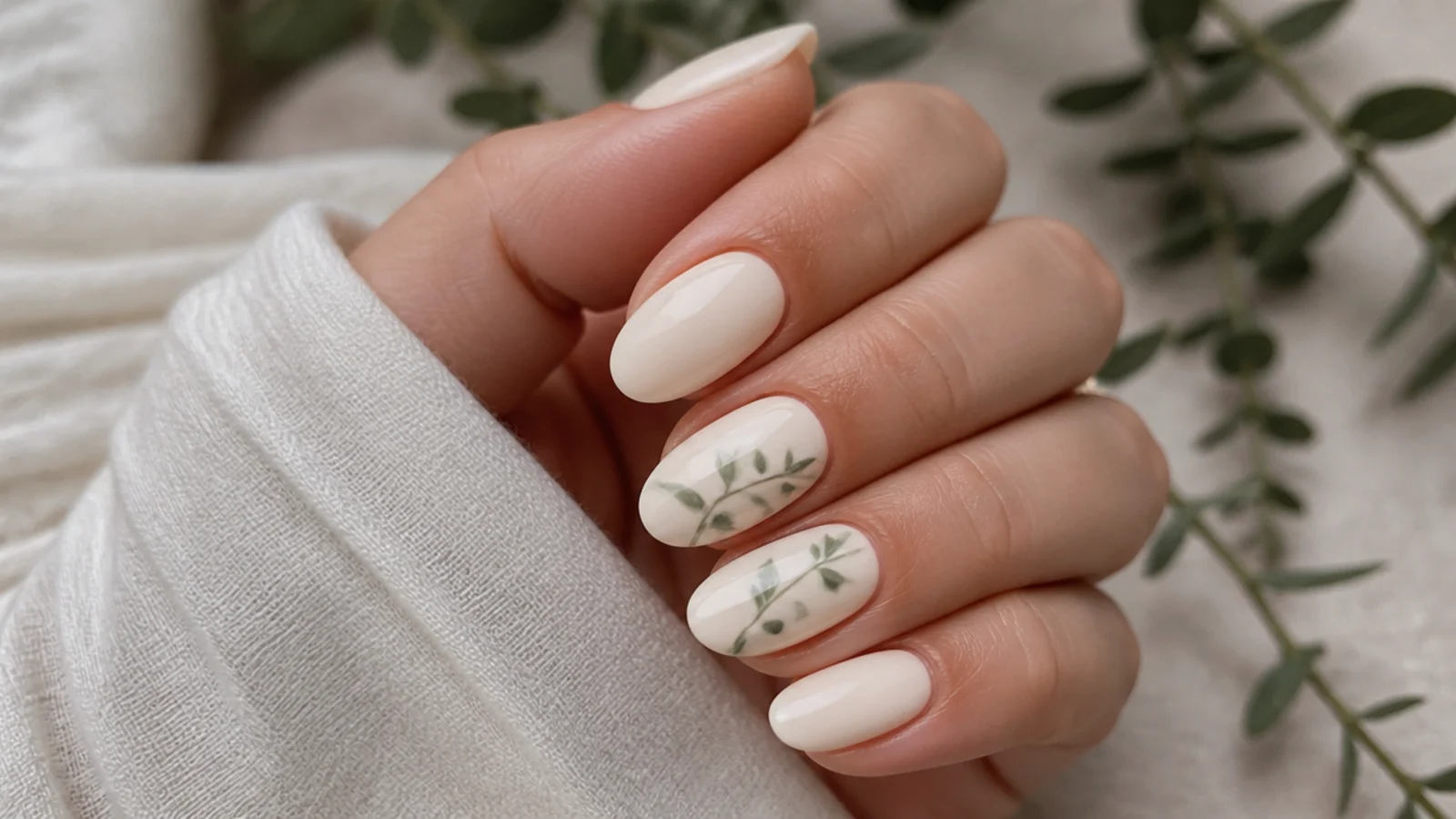 Cream boho nails with delicate sage eucalyptus sprigs