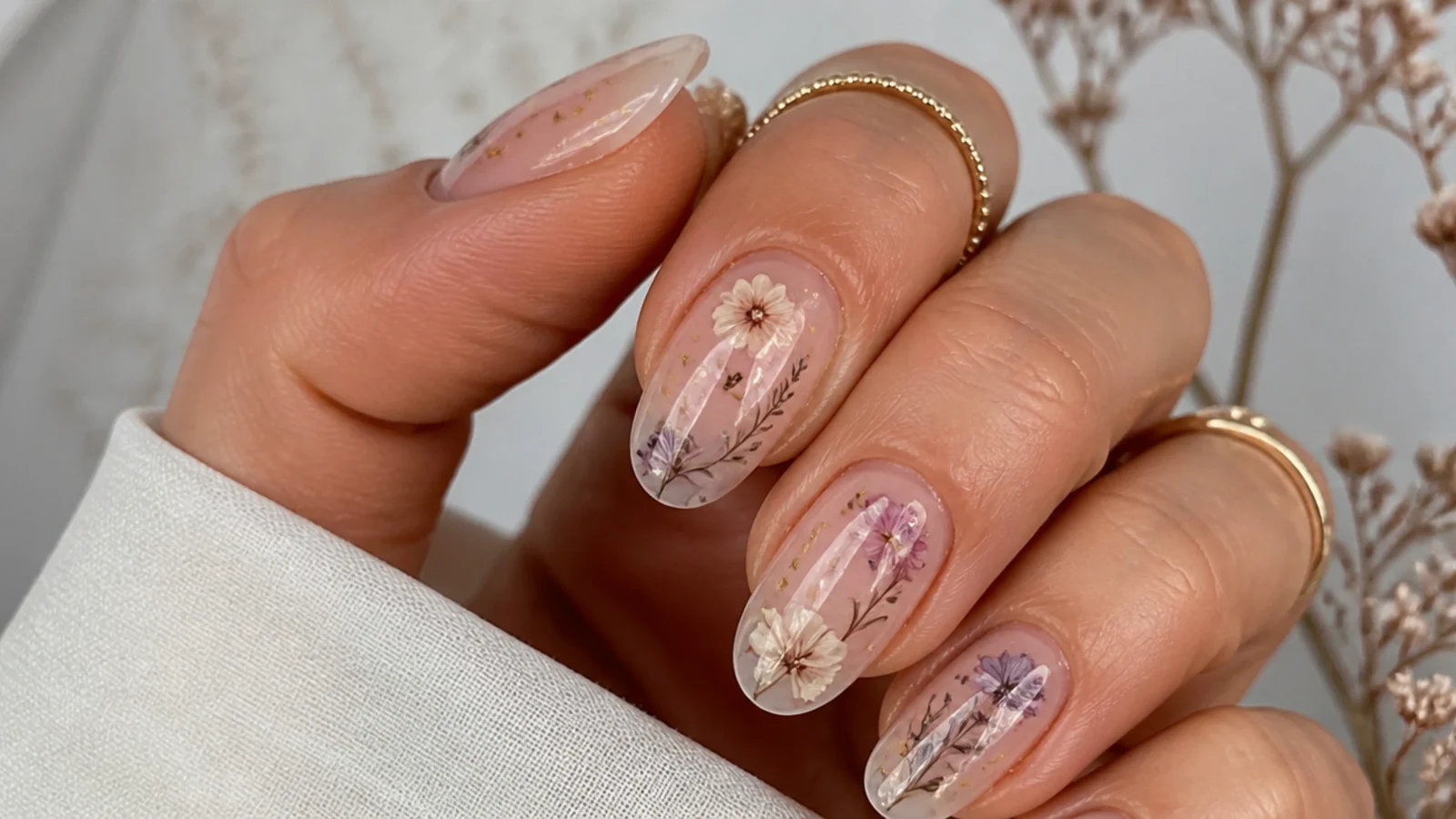 Sheer nude boho nails with pressed dried-flower detail