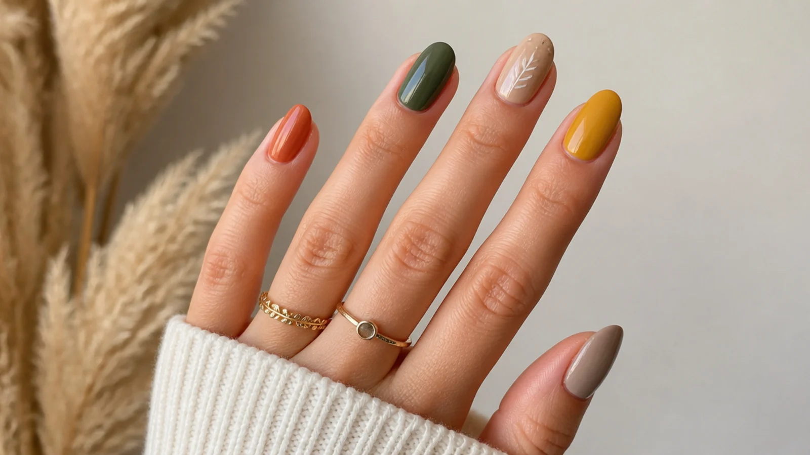 Boho nails each a different earth tone from terracotta to sage to mustard
