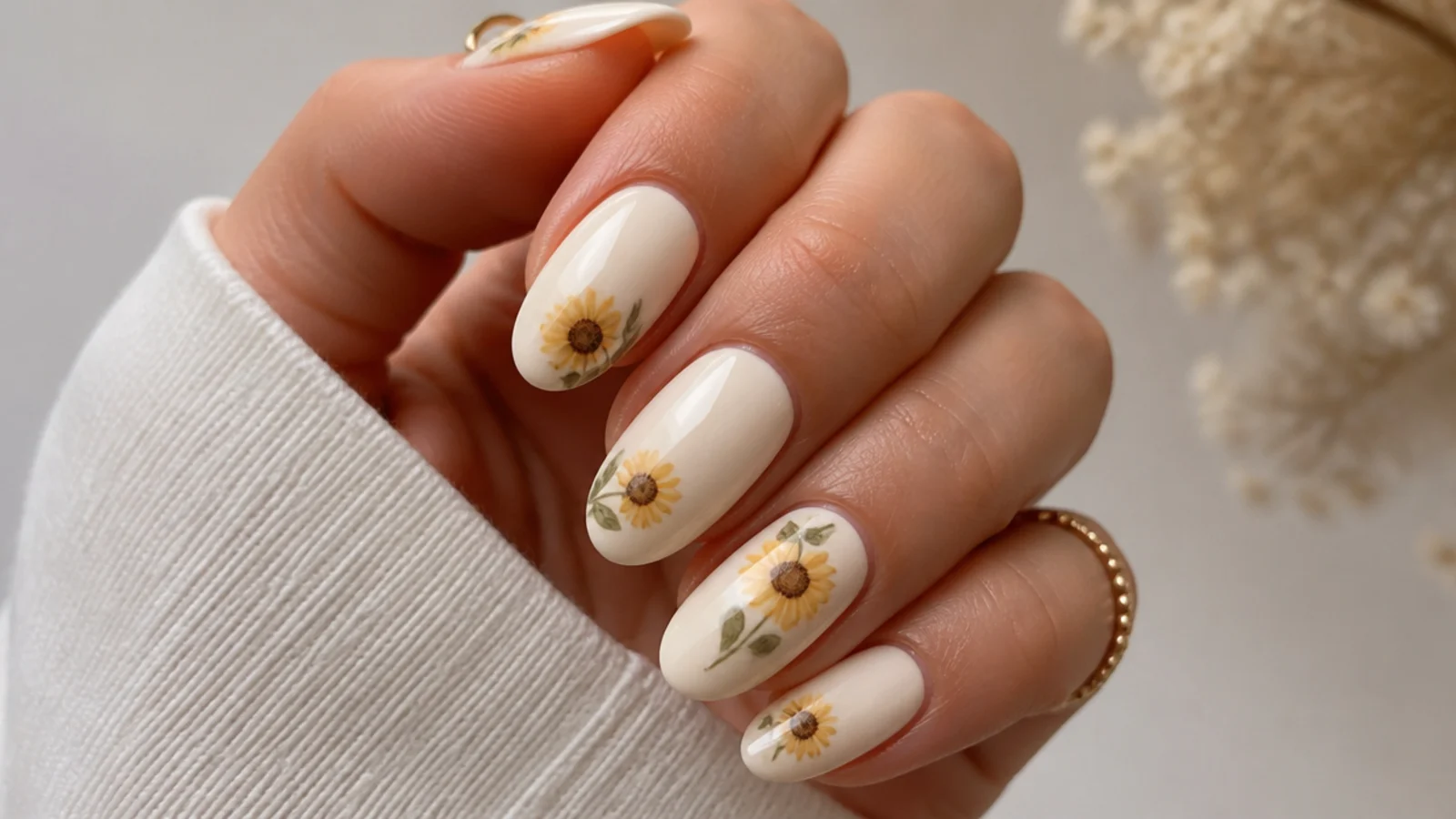 Cream boho nails with small hand-painted sunflowers