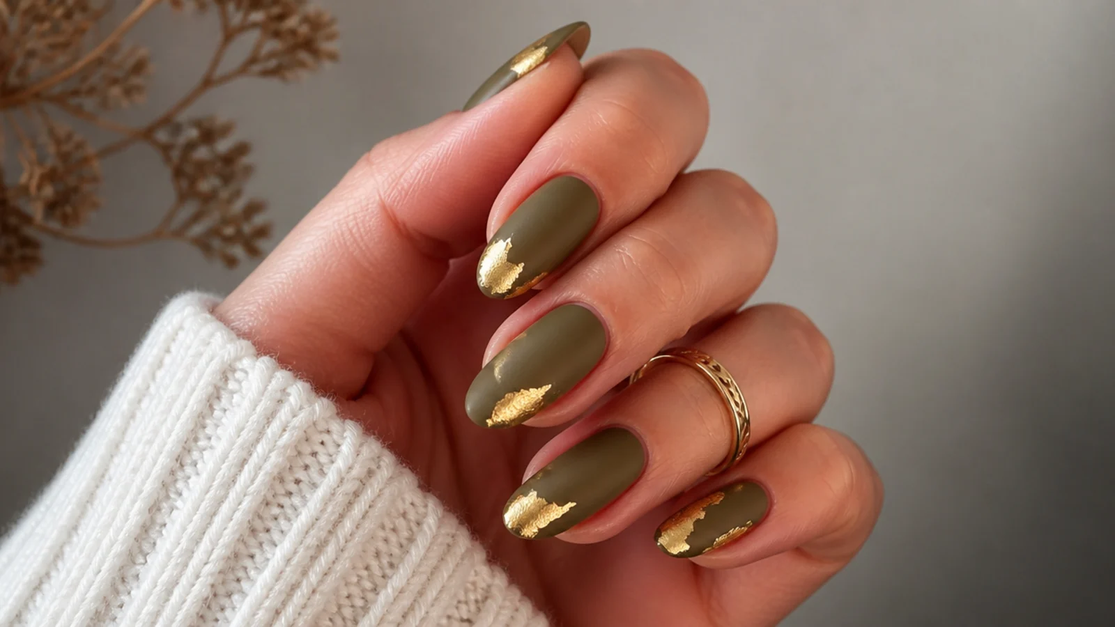 Matte olive boho nails with torn gold foil accents