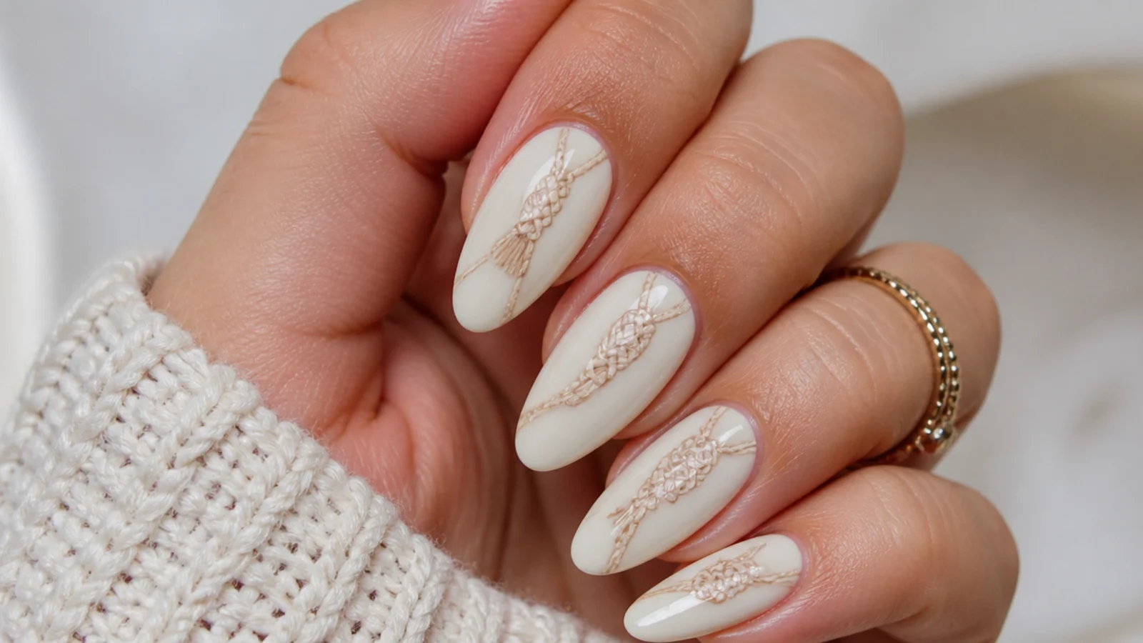 Cream boho nails with fine tan macrame knot line work
