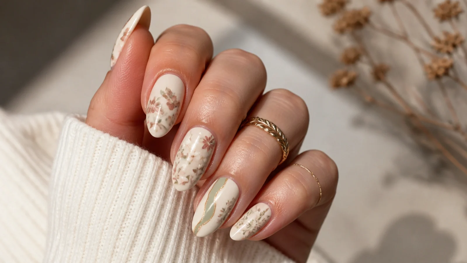 Cream boho nails with muted dusty rose and sage flowers