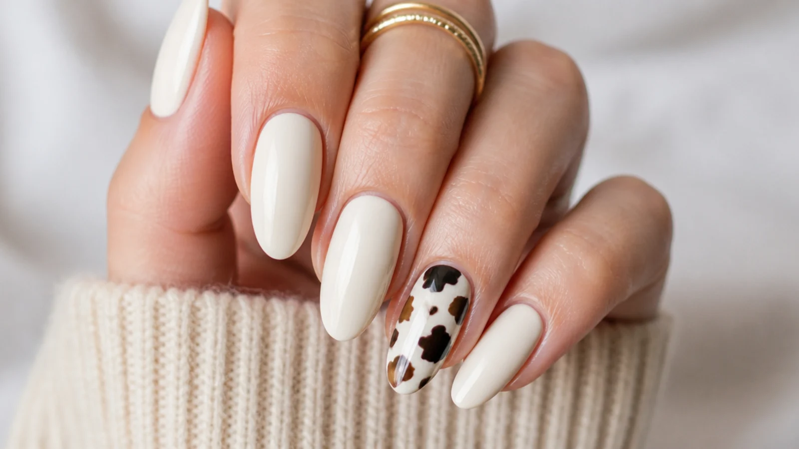 Cream boho nails with a brown and black cowhide print accent nail