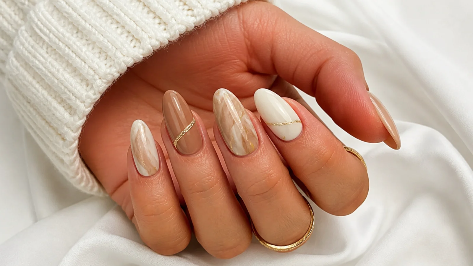 Tan and cream marble boho nails with soft veining