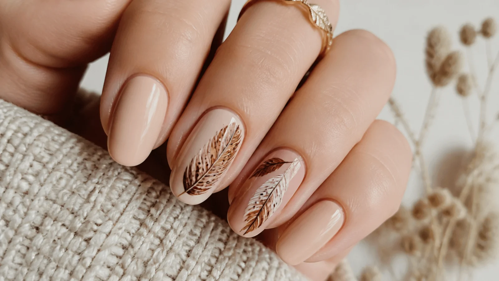 Nude boho nails with a fine painted feather in earth tones