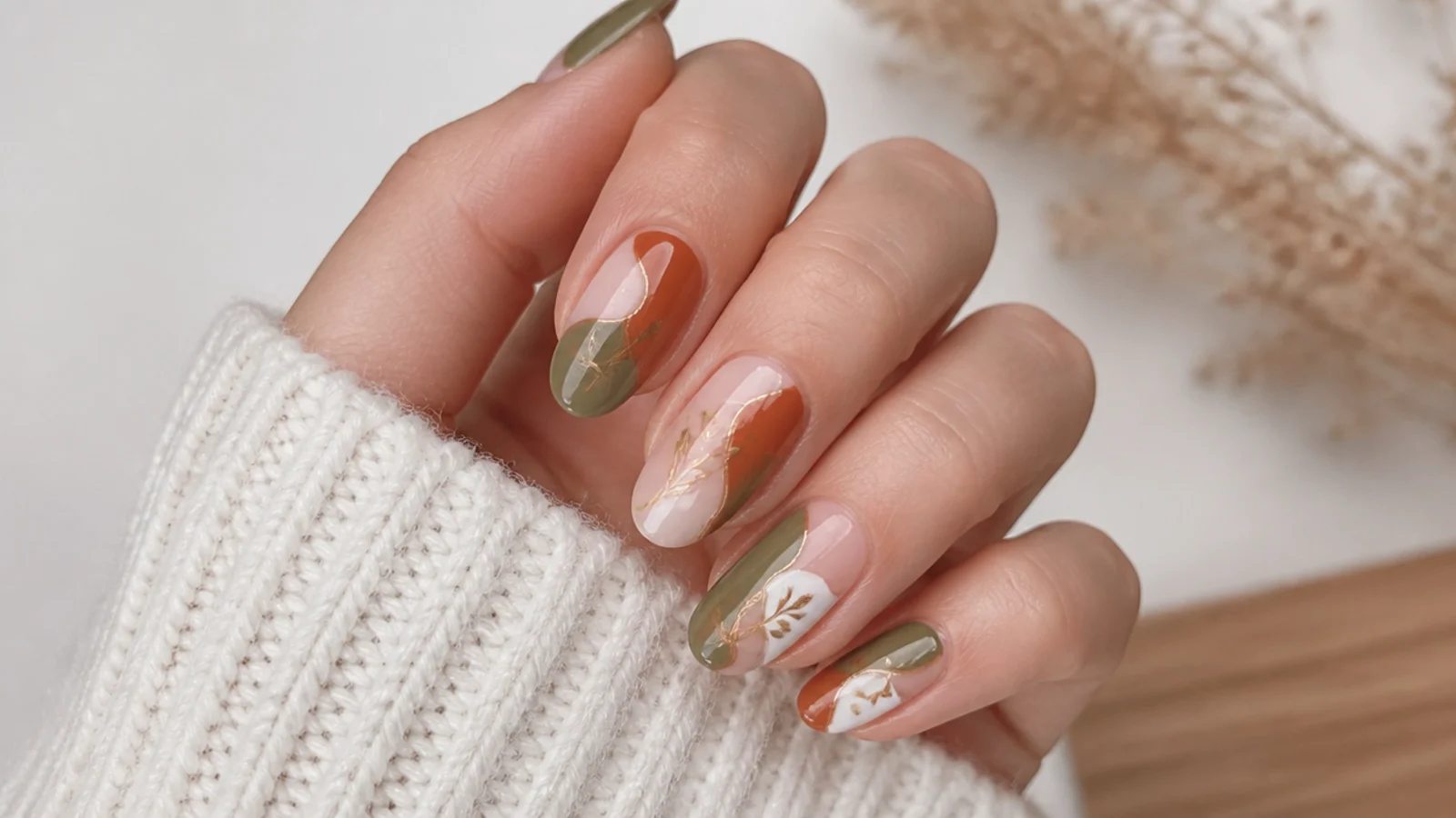 Boho nails color blocked in olive, terracotta and cream sections