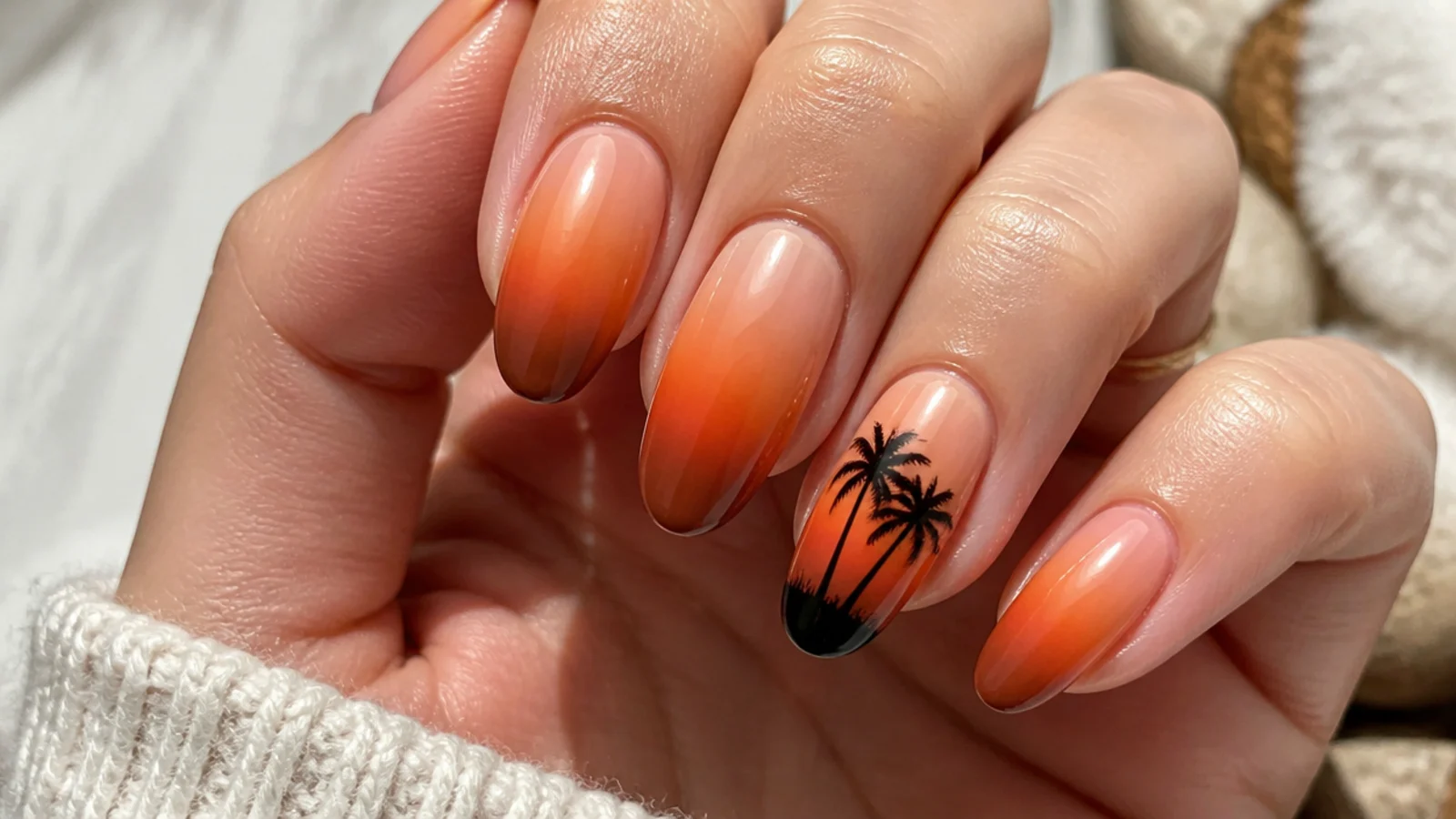 Warm ombre boho nails with a black palm tree silhouette accent