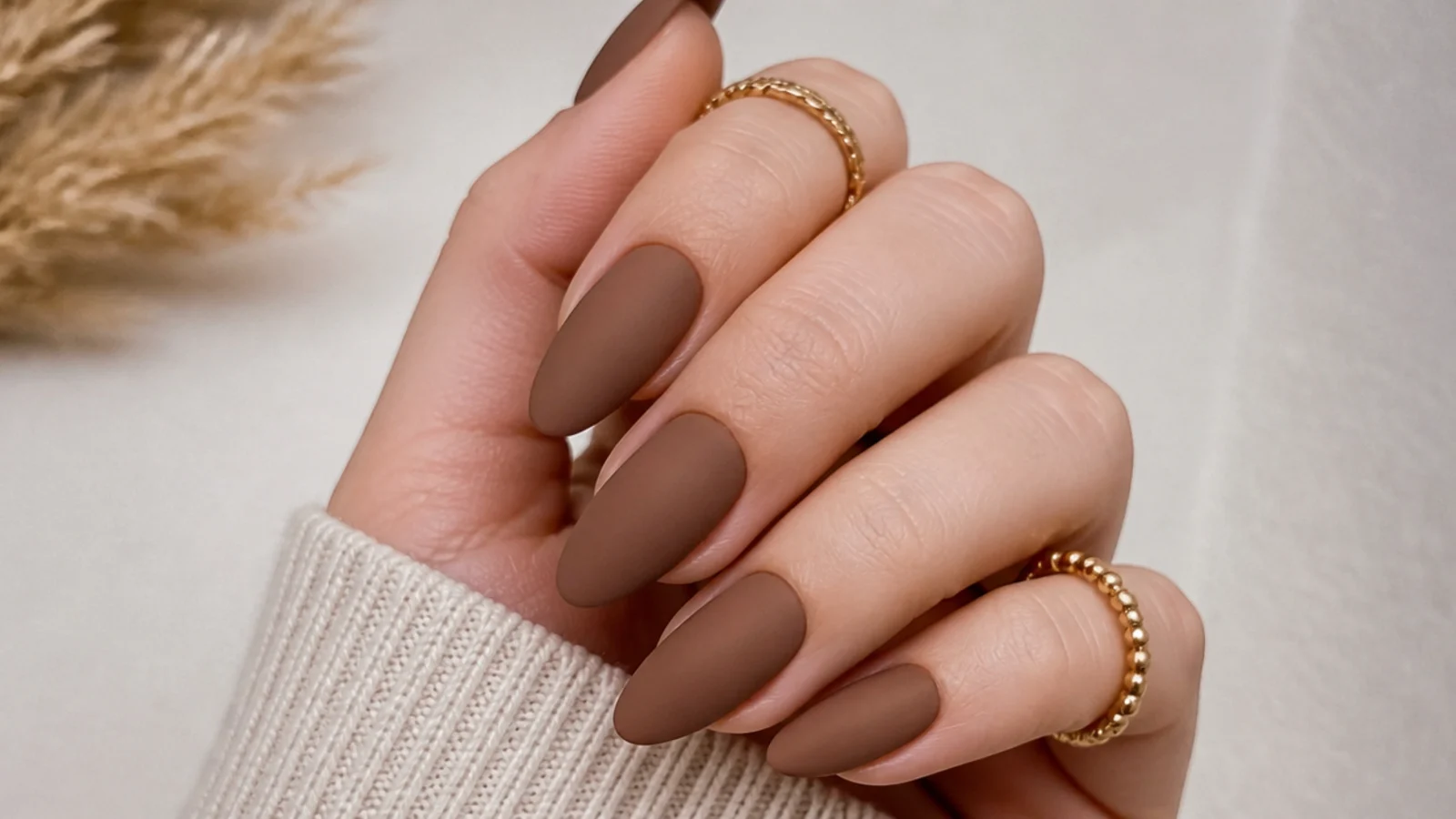 Solid matte clay-brown almond boho nails