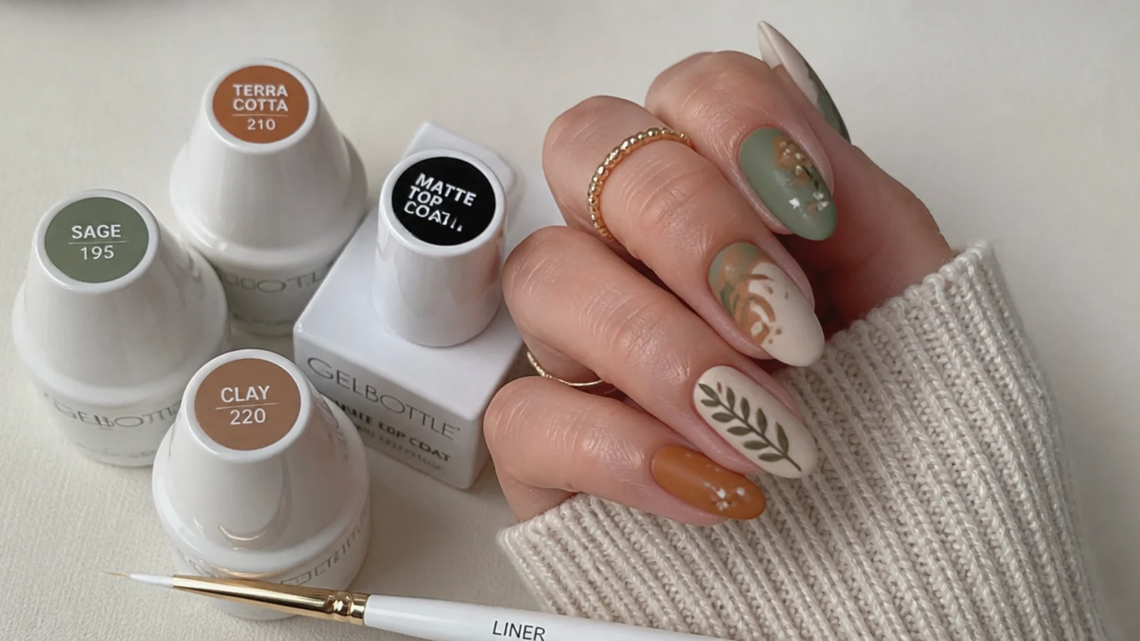 Boho nail supplies with matte top coat, liner brush and earth-tone gels