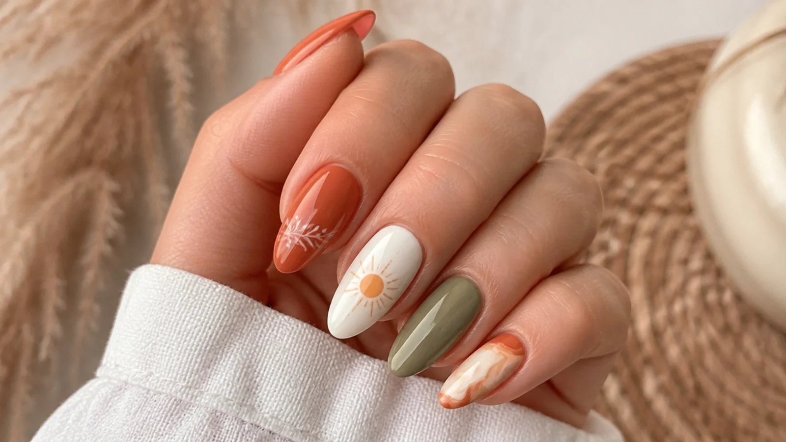 Warm terracotta and olive summer boho nails with a small sun motif on an almond shape