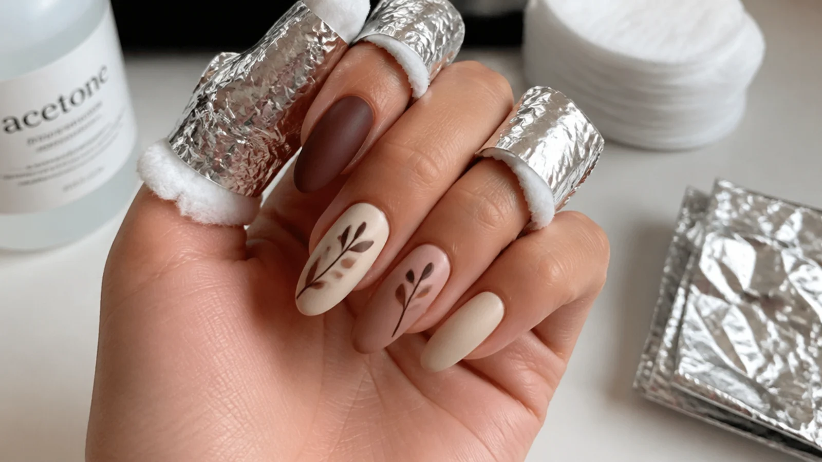 A sealed matte boho manicure with acetone, cotton and foil for removal