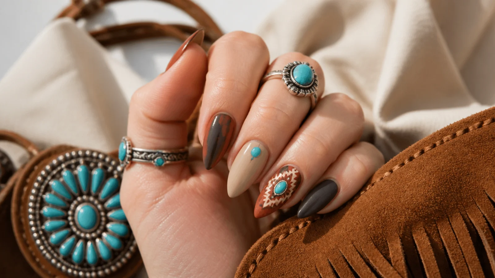 Earthy boho nails styled with turquoise rings and a suede festival bag