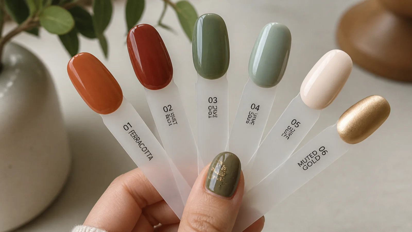 Swatch fan of terracotta, rust, olive, sage, cream and muted gold nail colors