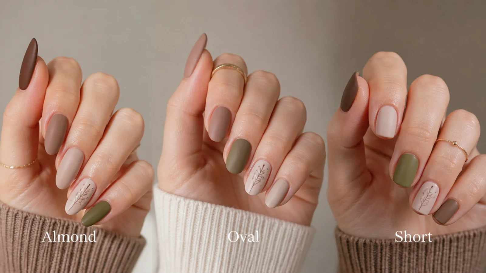 Almond, oval and short nails shown side by side in matte earth tones