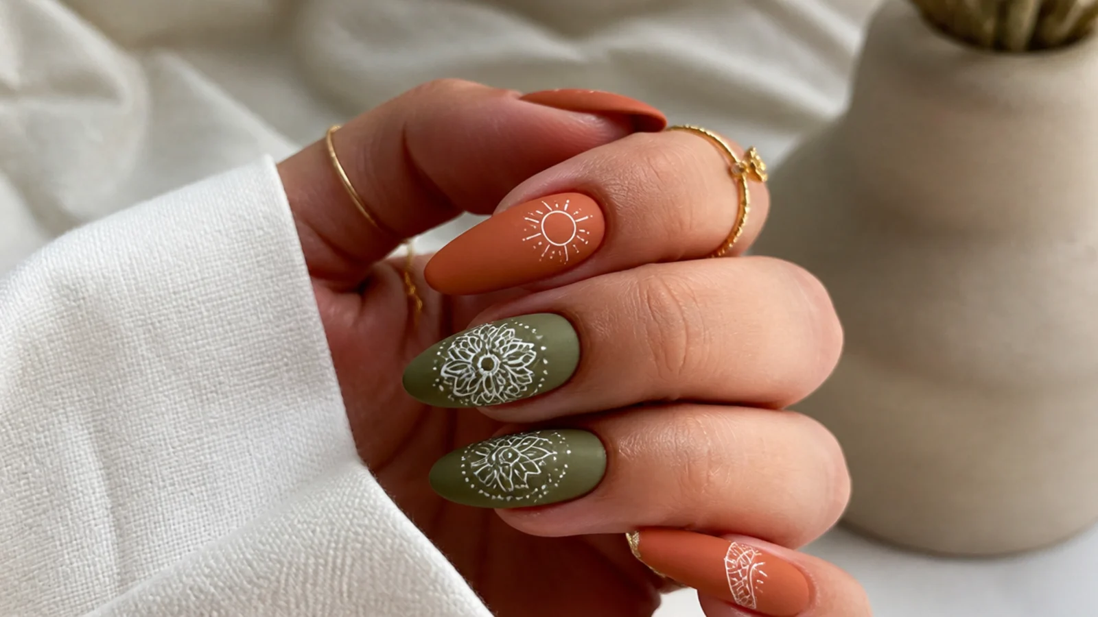 Matte terracotta and olive nails with hand-drawn sun and mandala motifs