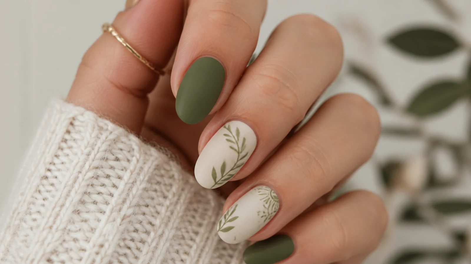 Minimalist matte olive green boho nails on short almond shape