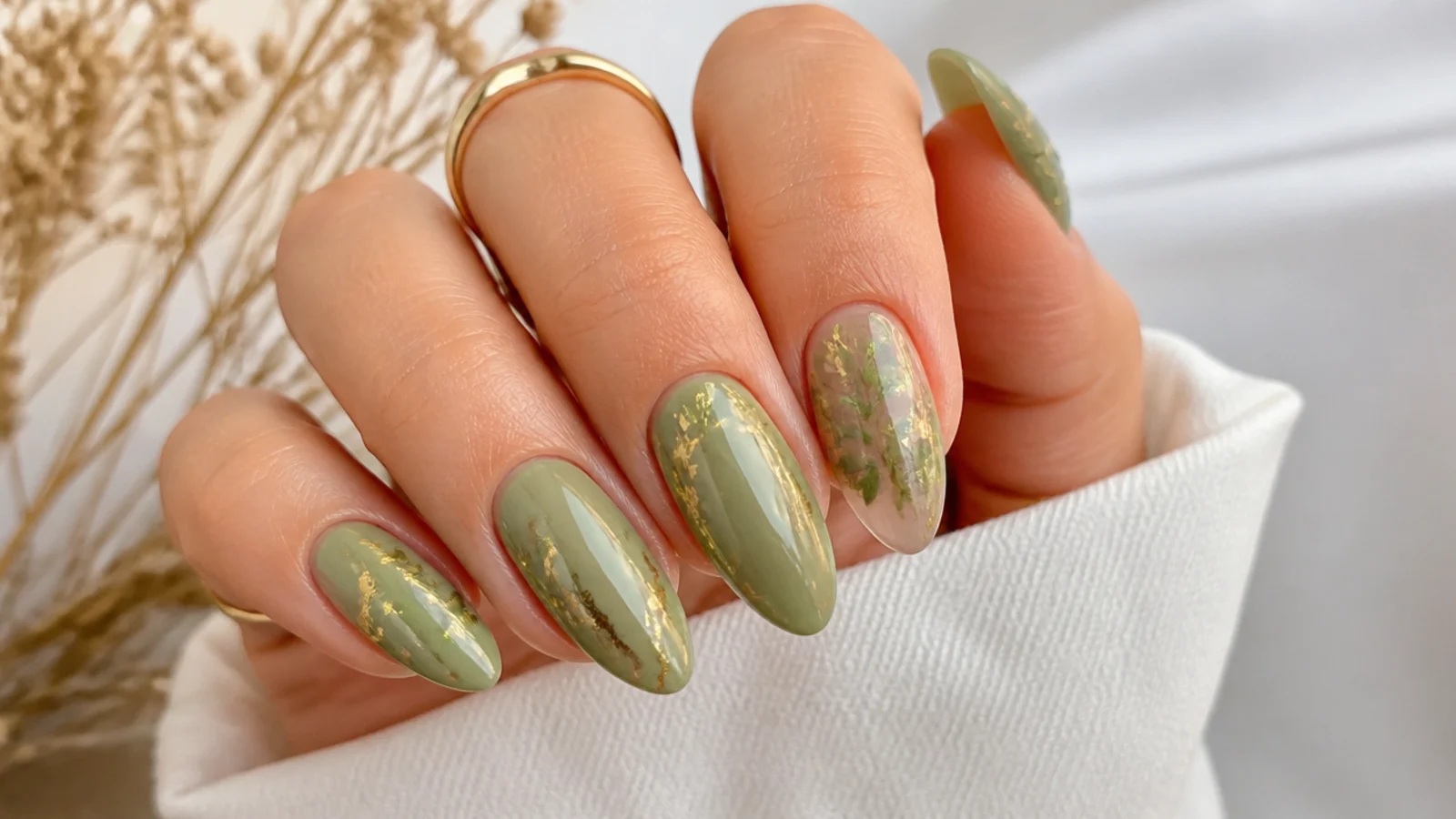 Sage green boho nails with thin muted gold foil accents
