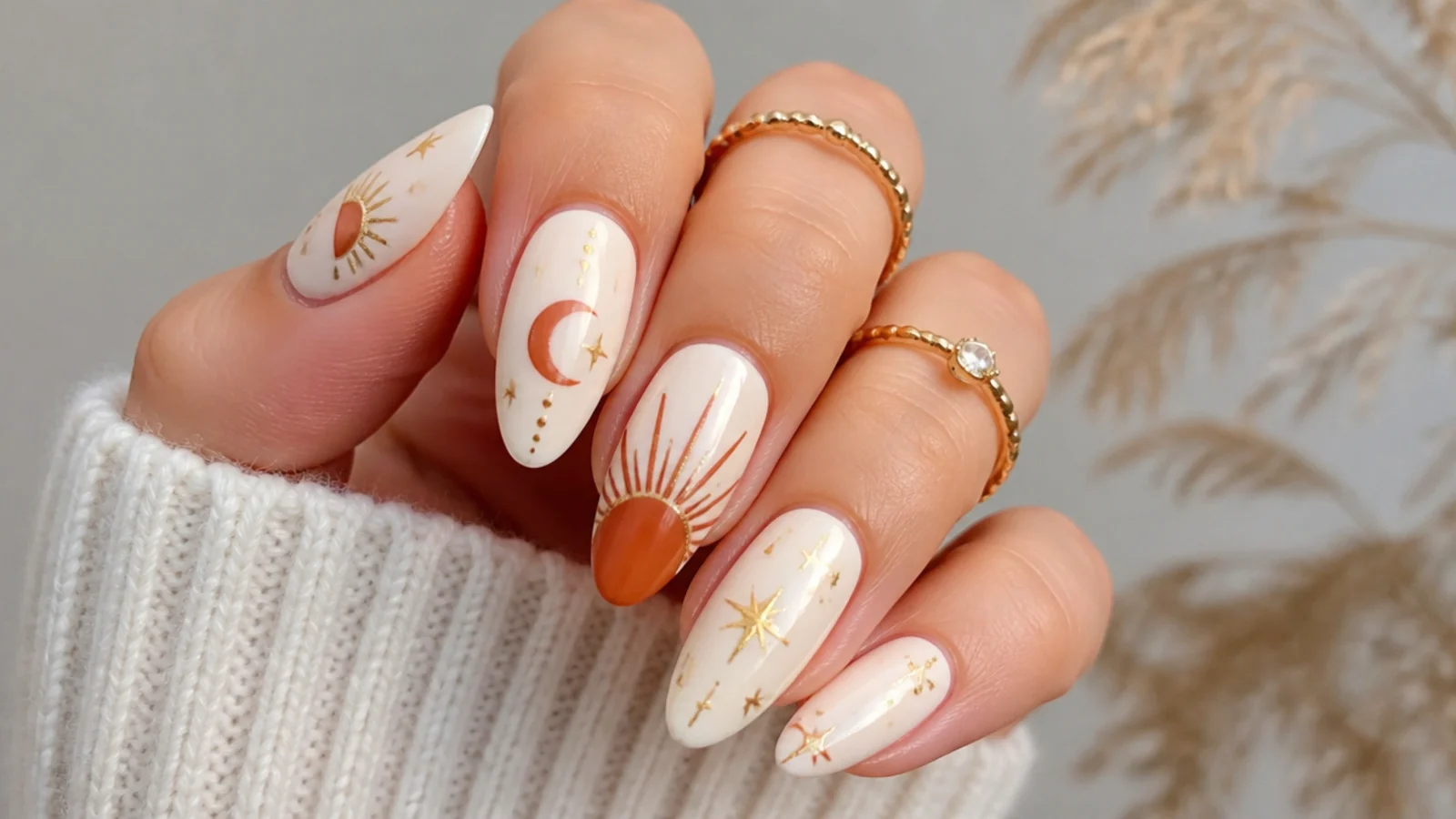 Boho celestial nails with a rising sun and crescent moon in rust and gold on cream
