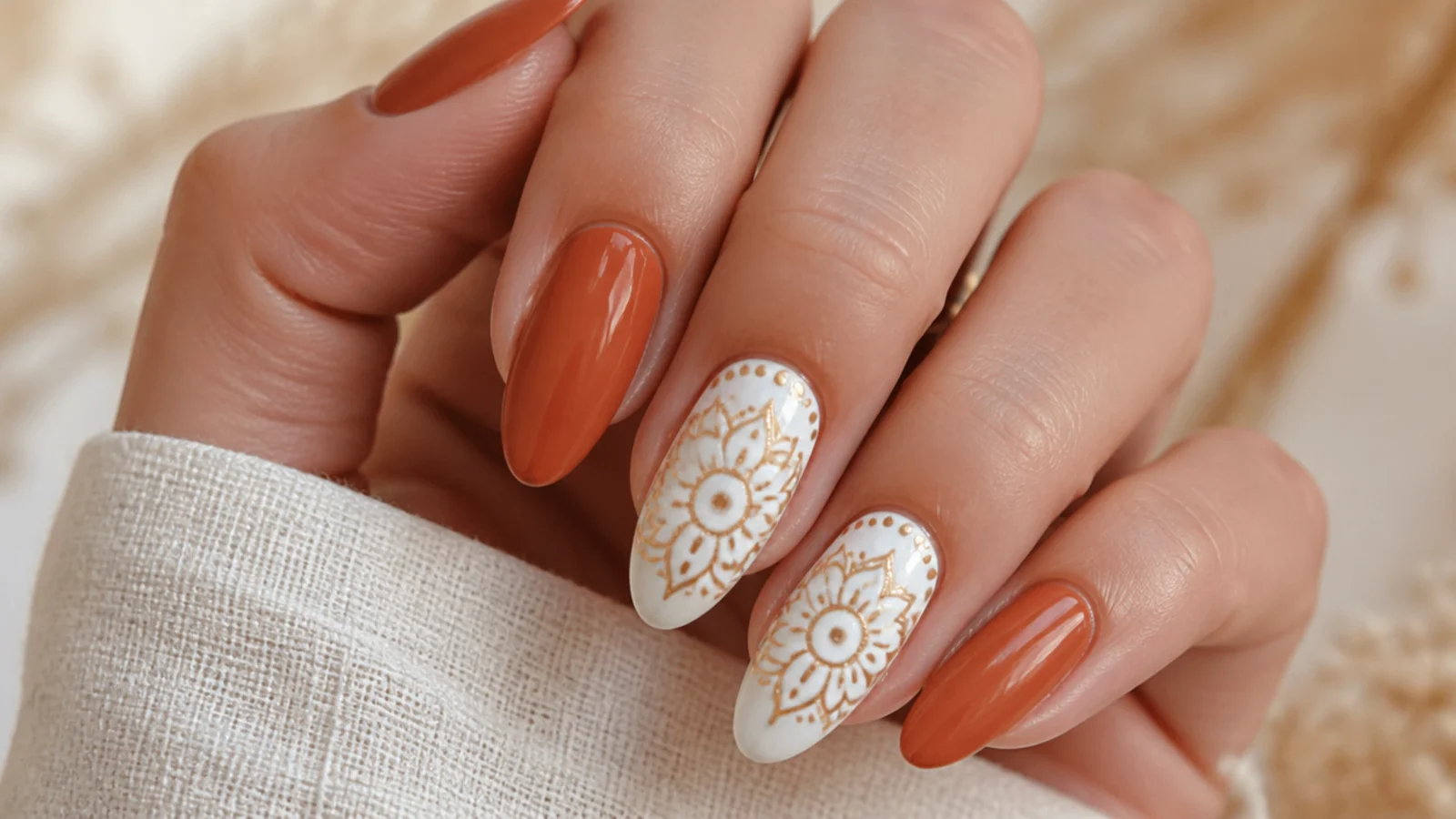 Boho mandala accent nail in white and gold over terracotta nails