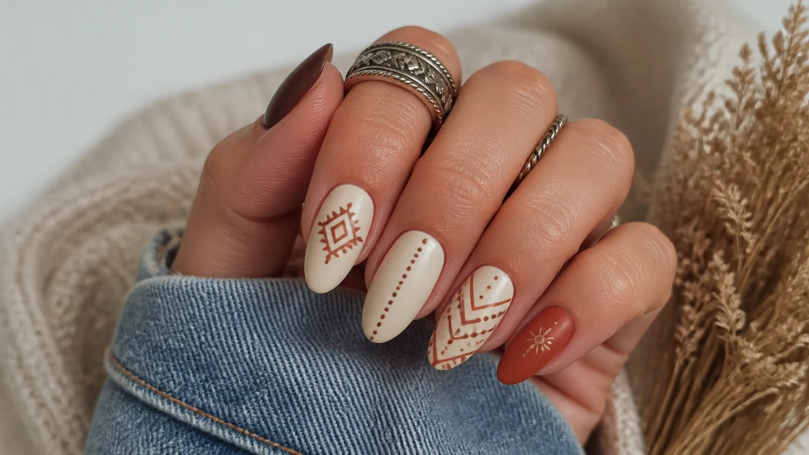 Boho western aztec nails with geometric rust and brown line patterns on cream