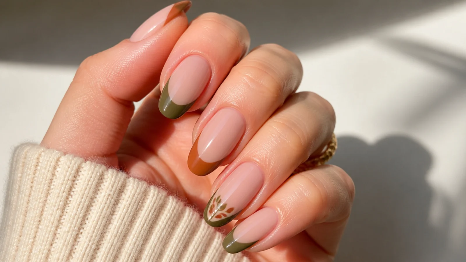 Boho French manicure with terracotta and olive tips instead of white on almond nails